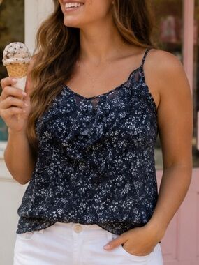 Teenbell Sheer Black Floral Ruffle Cami Top